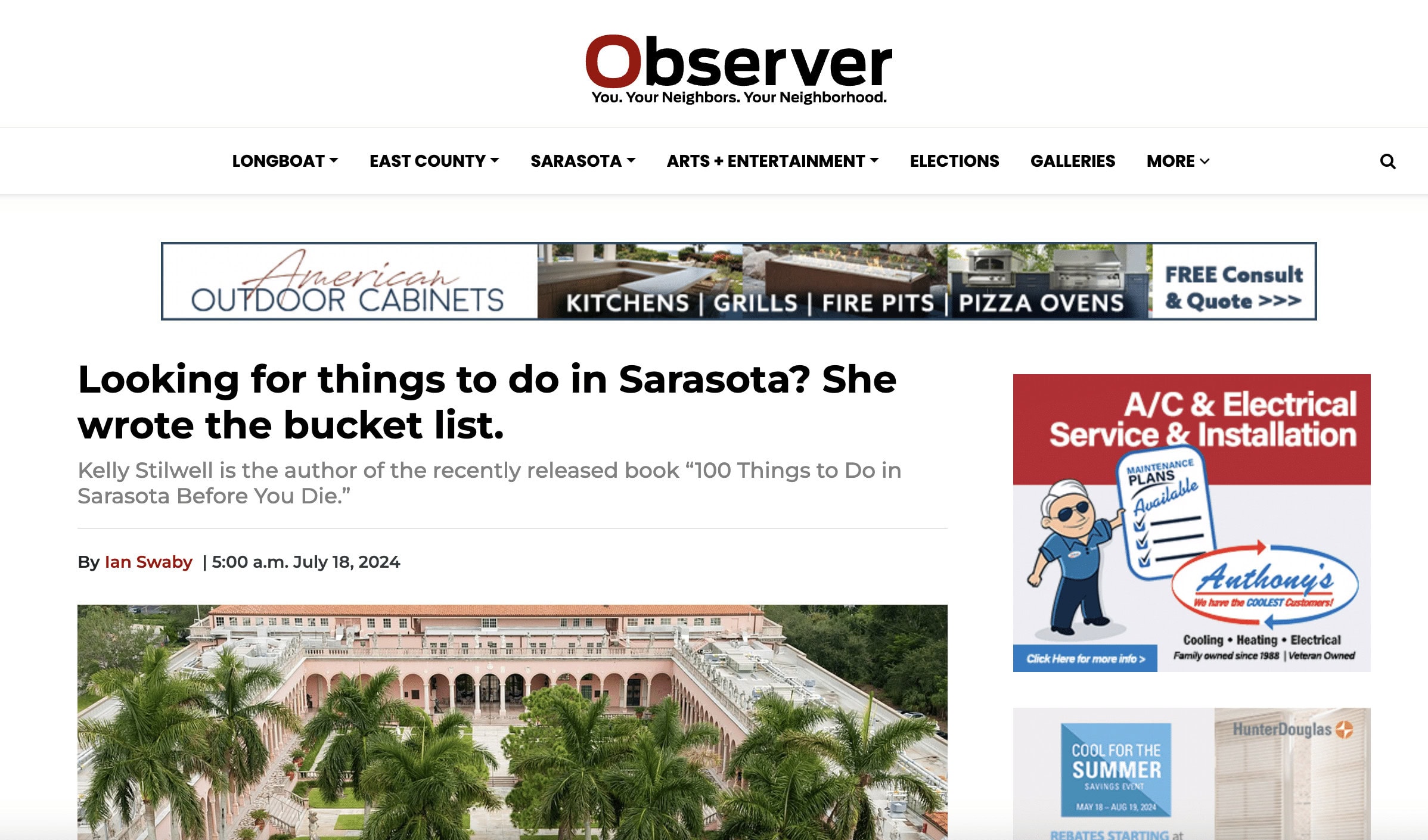 Newspaper article about 100 Things to do in Sarasota Before You Die.